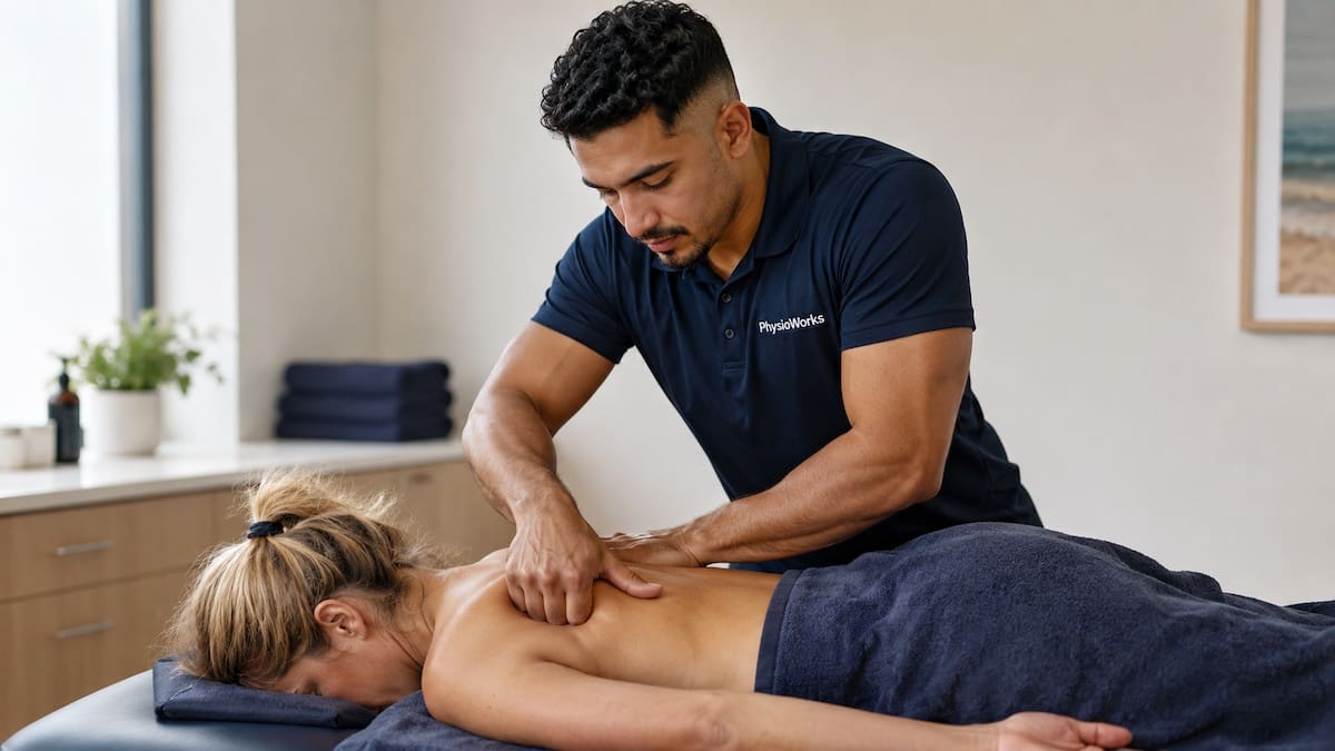 Deep tissue massage therapist treating upper back muscle tension in Brisbane