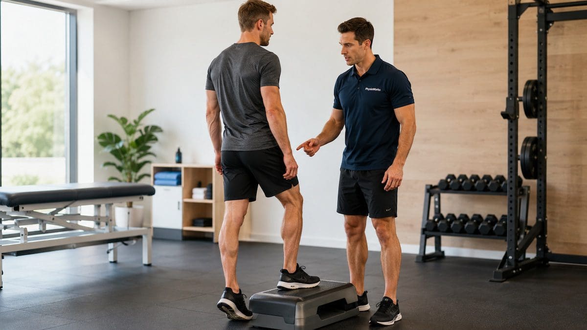 Eccentric strengthening calf Achilles heel-lowering exercise guided by a physiotherapist