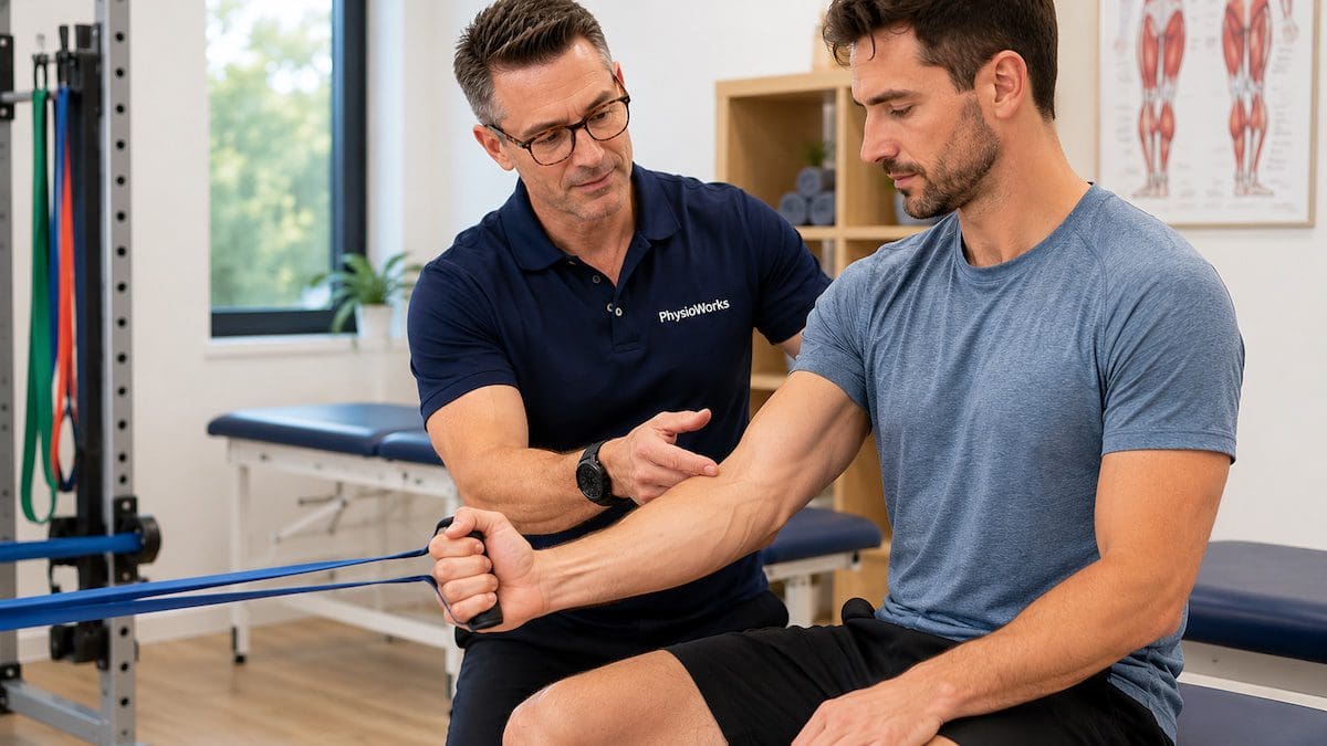 Physiotherapist coaching elbow pain rehabilitation with resistance band forearm strengthening