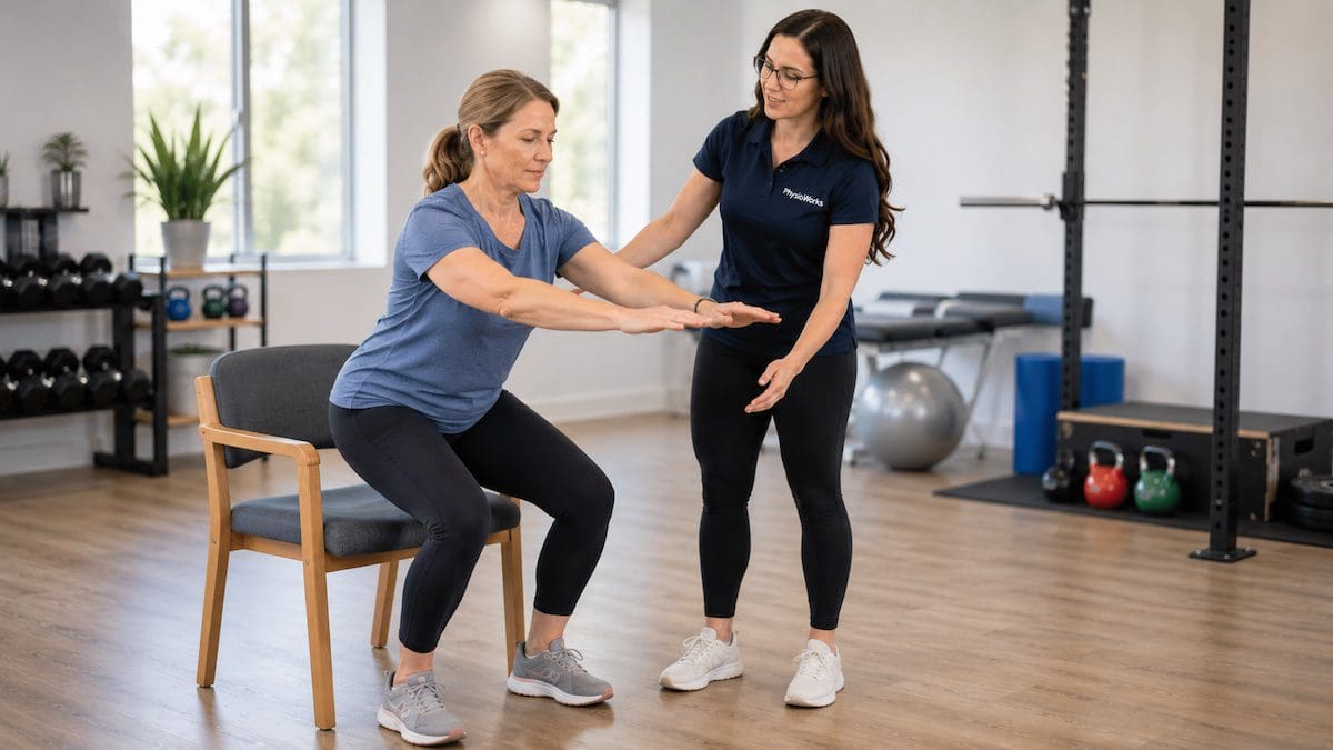 exercise-physiology-brisbane-sit-to-stand-rehabilitation Exercise Physiology Brisbane coached sit-to-stand for hip and knee control