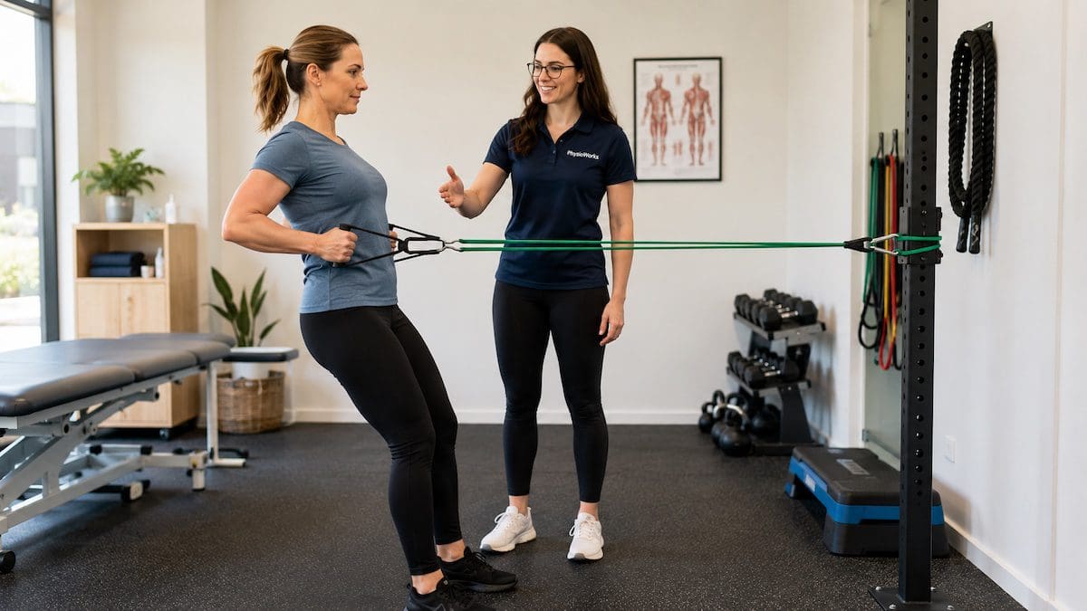 Exercise programs using resistance band row coaching for shoulder blade and trunk control