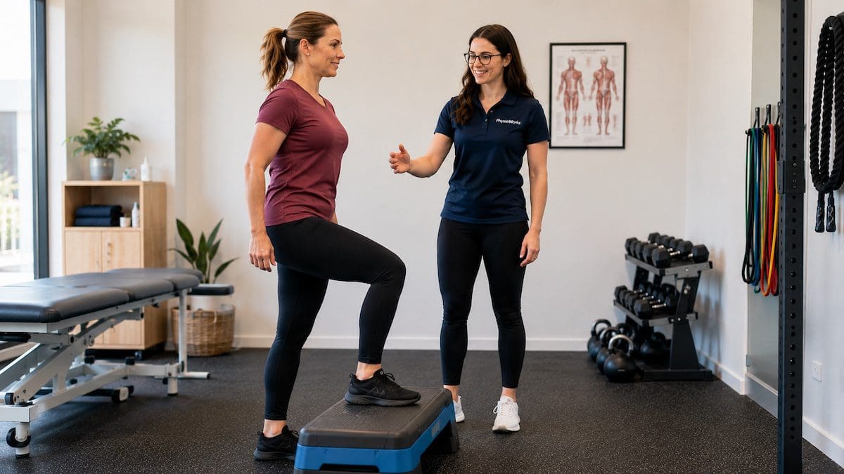 Exercise programs showing step-up progression for hip, knee, ankle and trunk control