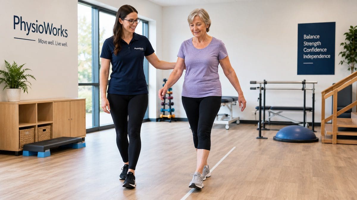 fall-prevention-balance-training-physiotherapy Fall prevention heel-to-toe balance training exercise supervised by physiotherapist