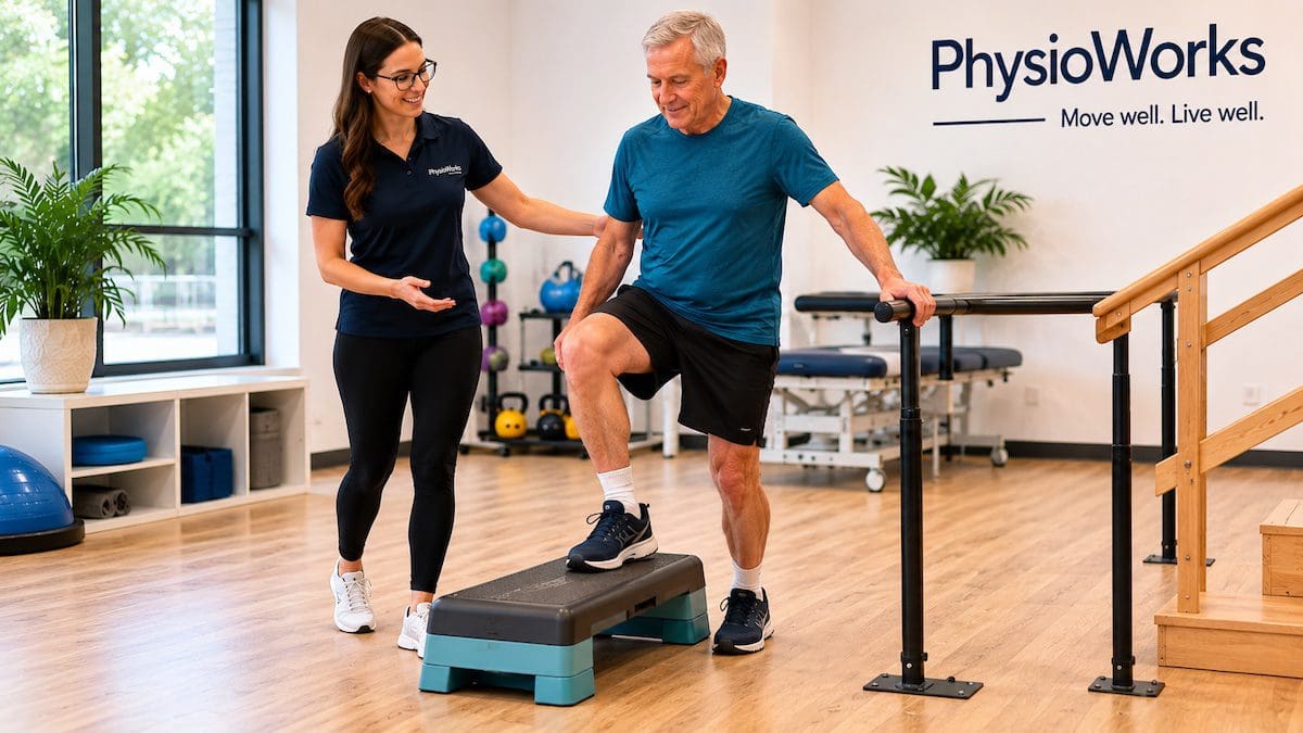 falls-risk-reduction-step-up-balance-exercise Supported step-up balance exercise for falls risk reduction physiotherapy