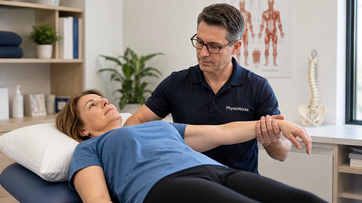 Frozen shoulder physiotherapy assessment during passive shoulder external rotation mobility test