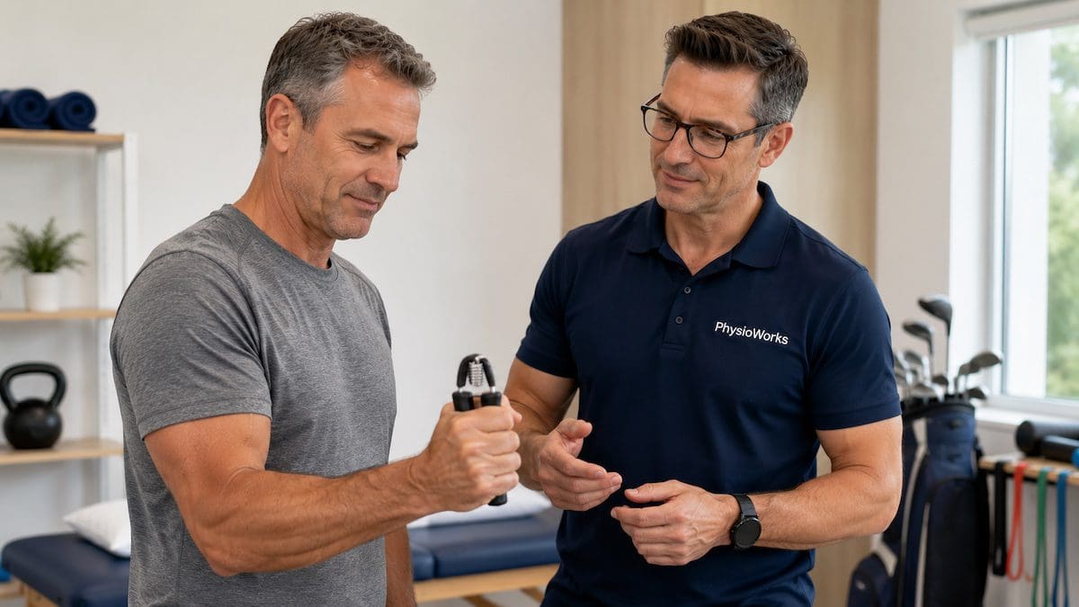 Grip strengthening exercise during golfer’s elbow rehabilitation