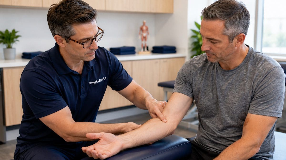 Physiotherapist assessing the inside of the elbow for golfer’s elbow