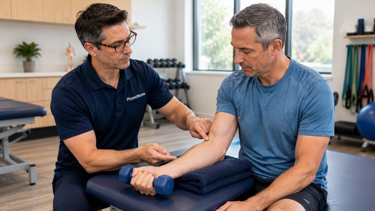 Resisted wrist flexion exercise used during golfer’s elbow rehabilitation