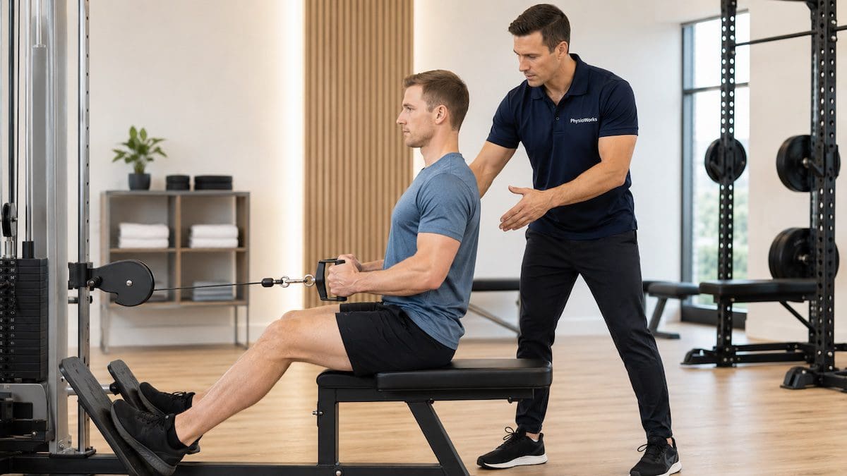 gym-back-exercises-lumbar-cable-row-control Gym back exercises lumbar control during supervised cable row technique
