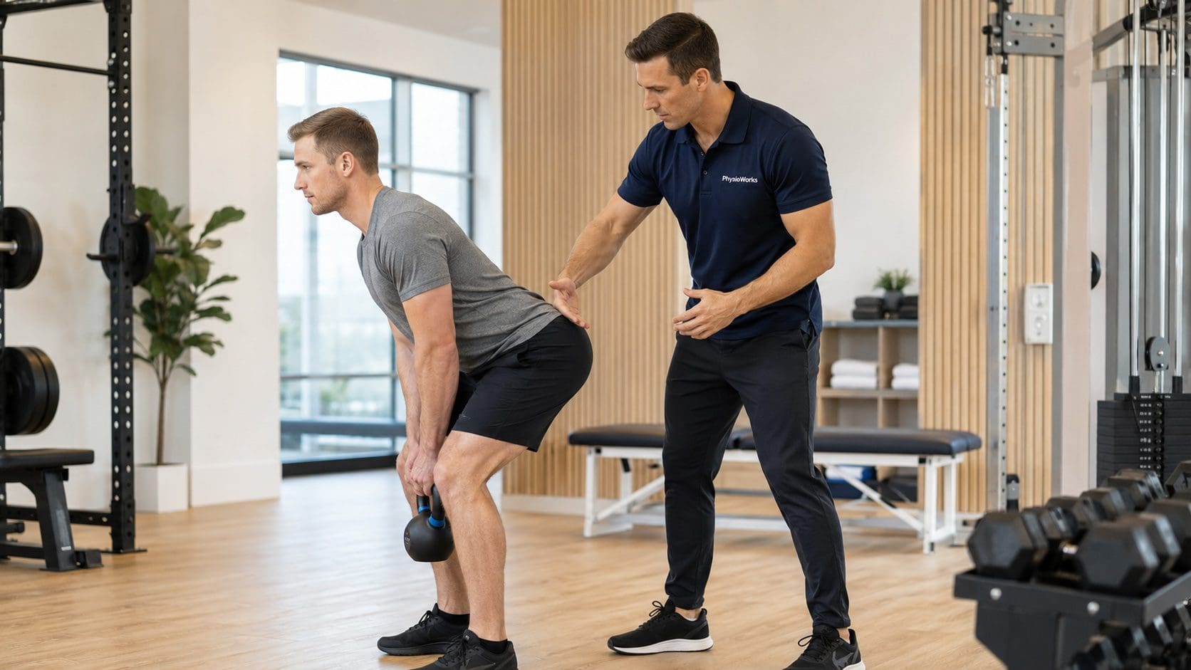 gym-back-exercises-lumbar-hip-hinge-assessment Gym back exercises lumbar hip hinge assessment with physiotherapist coaching trunk control
