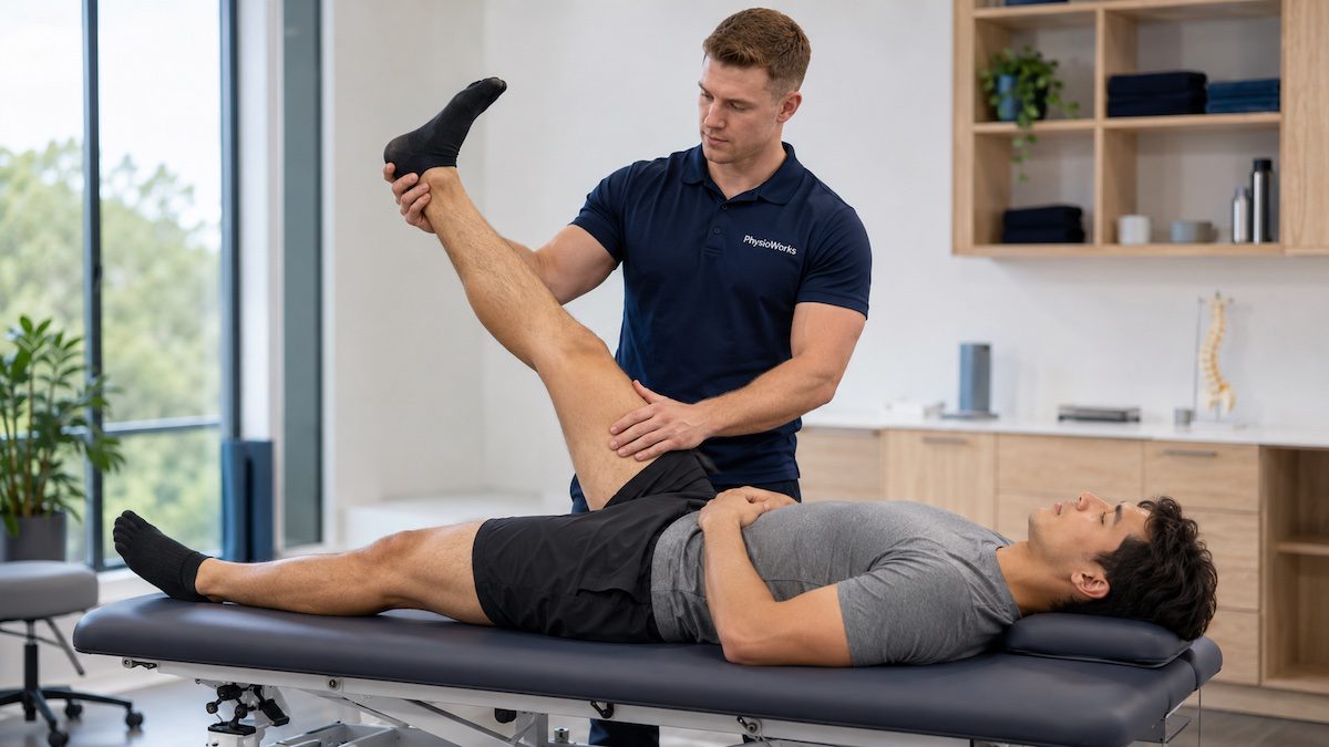Physiotherapist assessing hamstring muscle strain during straight leg raise examination on treatment table