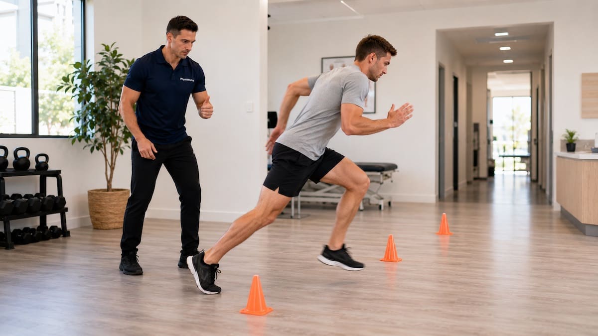 hamstring-strain-return-to-running-acceleration-drill Hamstring strain return to running acceleration drill with physiotherapist