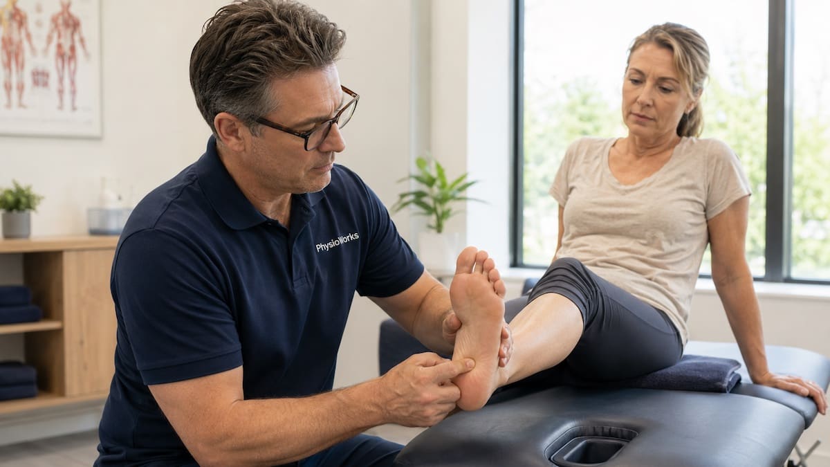 Physiotherapist assessing plantar heel pain and plantar fasciitis symptoms in clinic