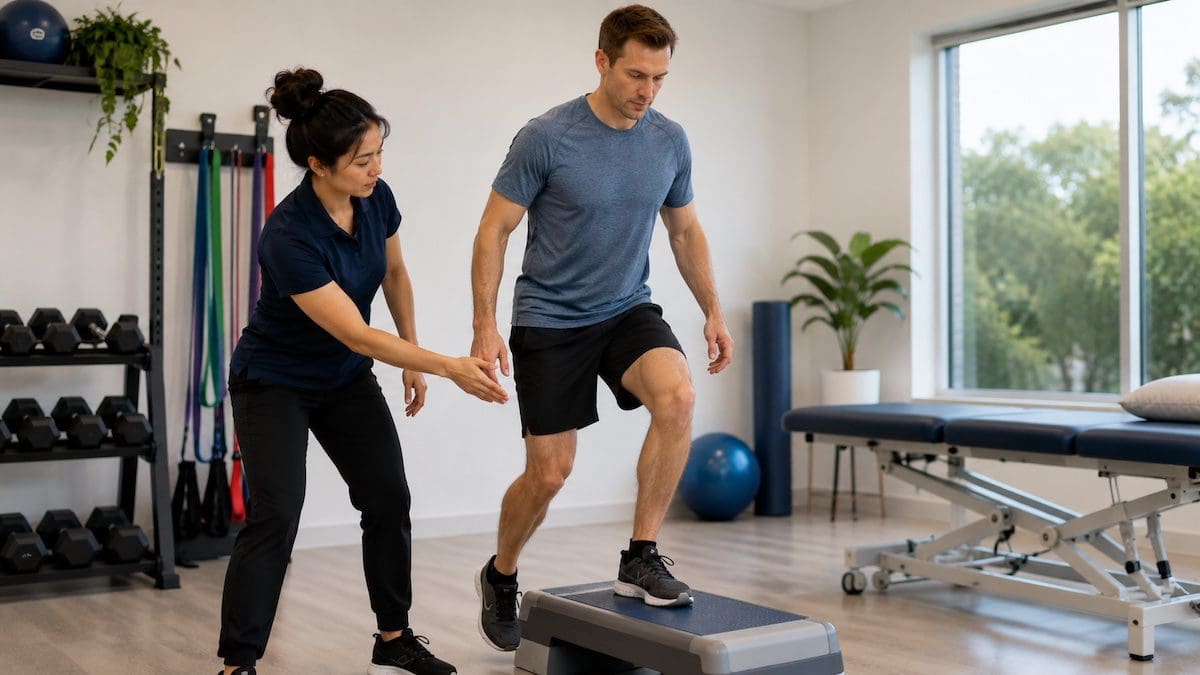 itb-syndrome-step-down-knee-control-rehab Step-down control helps guide rehab priorities.