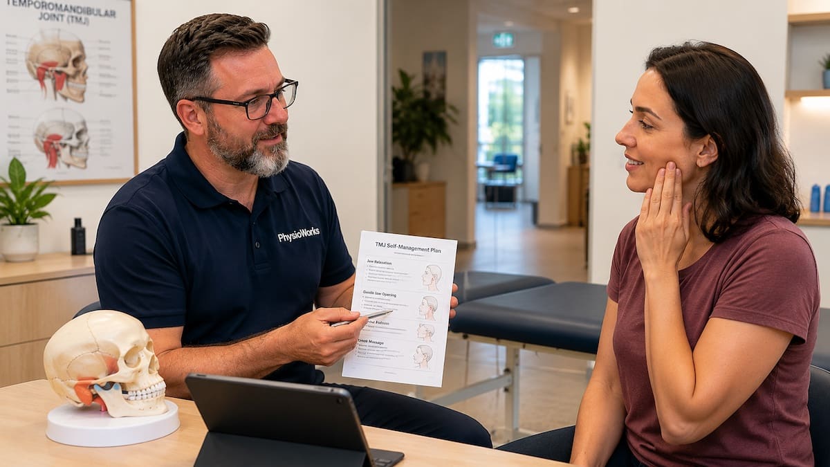 Physiotherapist discussing a jaw pain self-management plan with a patient