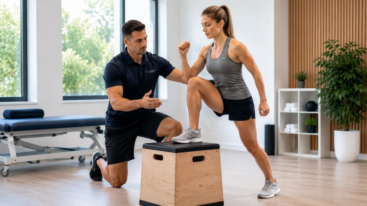 Physiotherapist guiding knee rehabilitation step-up exercise