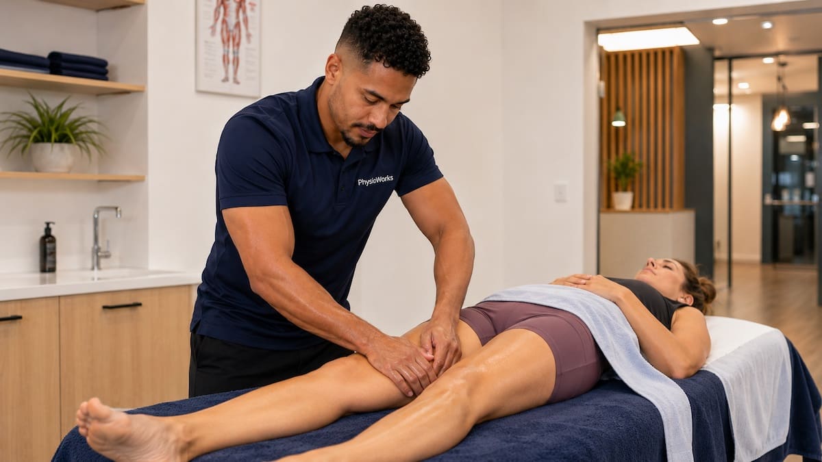 leg massage quadriceps finishing treatment supporting relaxed muscle recovery