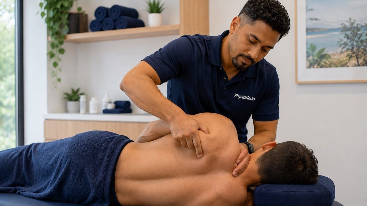 Deep tissue massage therapist treating shoulder tension in Brisbane clinic