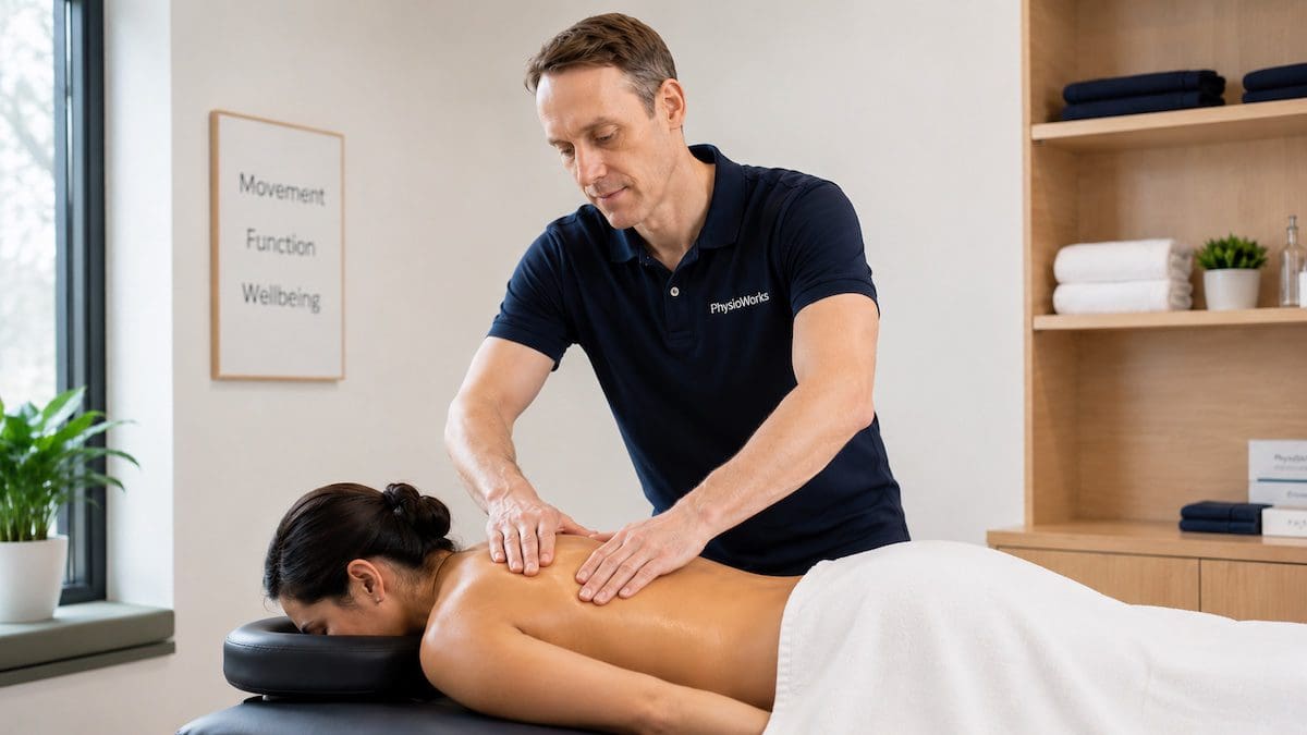 Massage therapist treating upper back tension during remedial massage in Brisbane