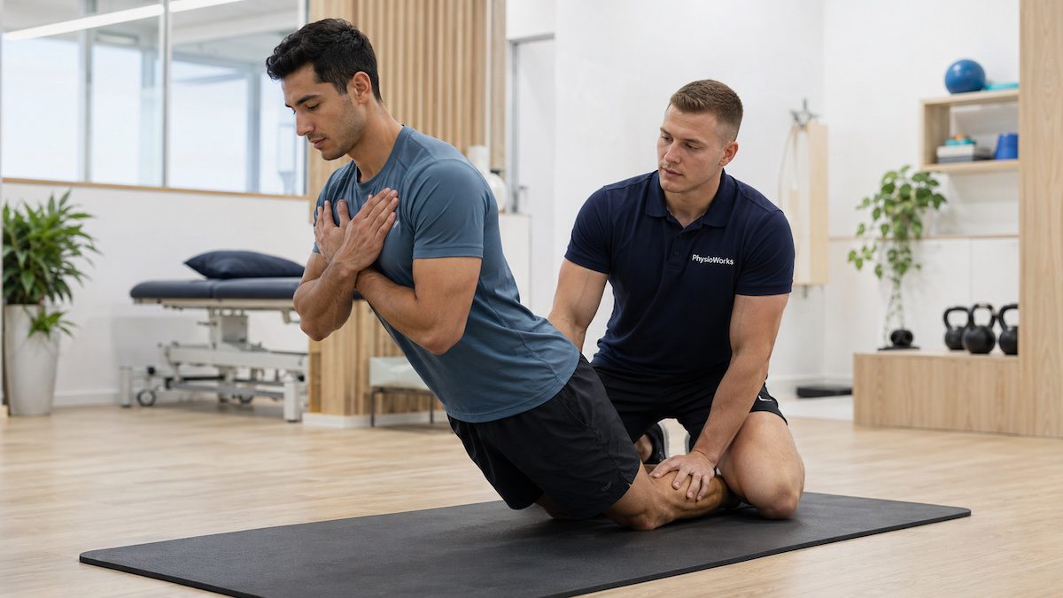 Physiotherapist guiding muscle strain Nordic hamstring exercise for posterior thigh strengthening