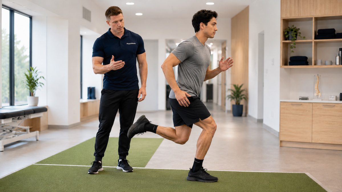 Physiotherapist guiding muscle strain return-to-running drill during hamstring recovery