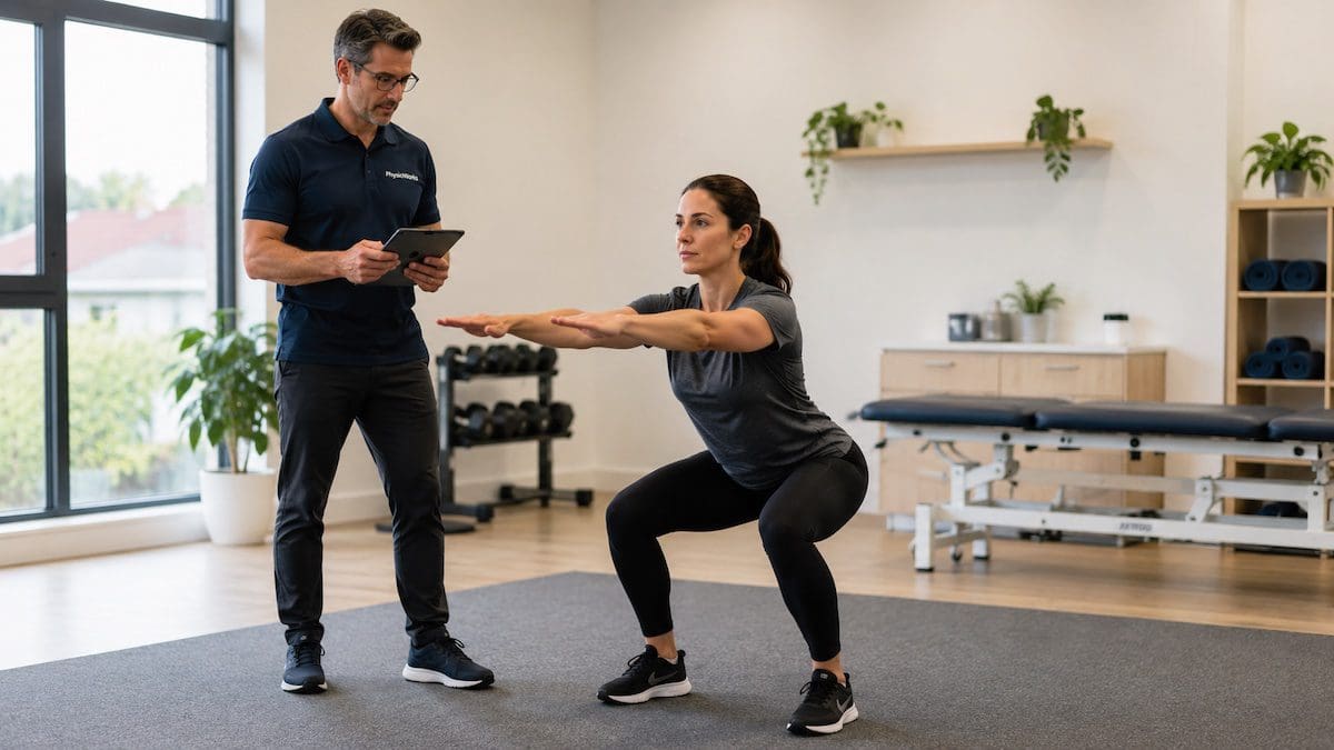 Physiotherapist assessing clicking joints during a controlled squat movement