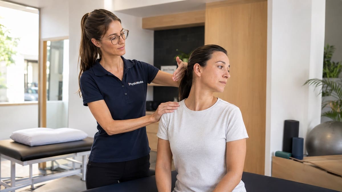Neck pain cervical spine rotation assessment with physiotherapist guiding safe movement testing