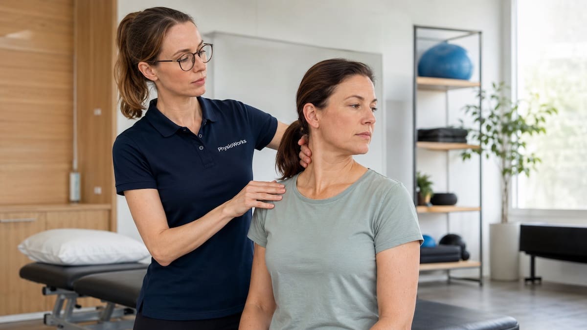 Neck physiotherapy assessment checking cervical spine rotation and movement comfort