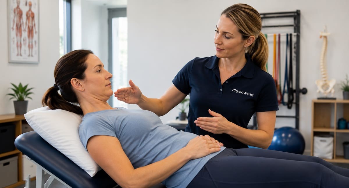 Neck strengthening supine cervical flexion head lift exercise guided by physiotherapist