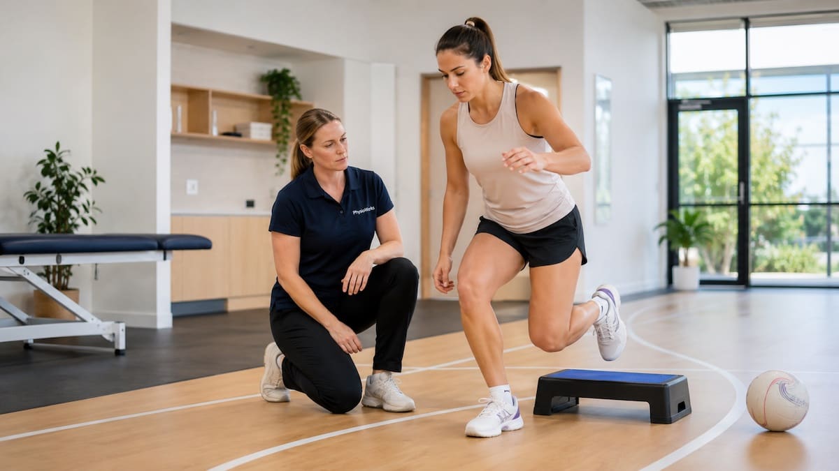 Physiotherapist assessing a netball player's landing control during club training