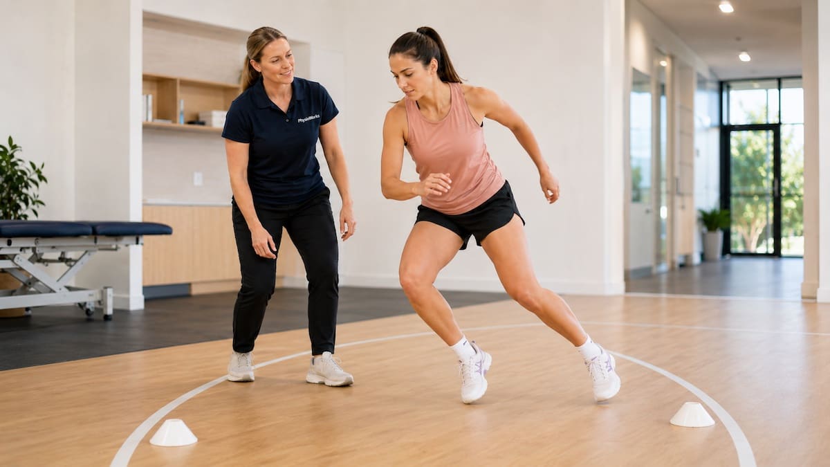 Netball player completing a return-to-court cutting drill after rehabilitation