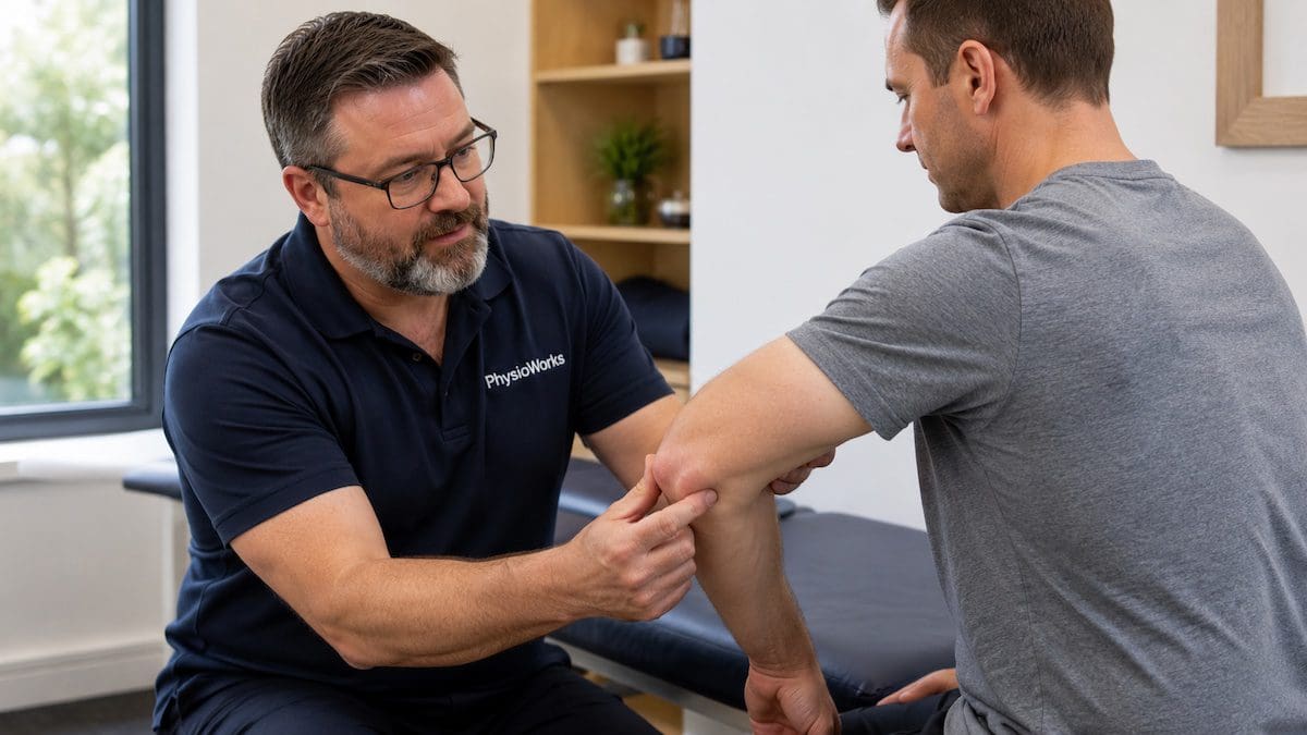 olecranon-bursitis-shane-armfield-loading-rehab Olecranon bursitis swelling assessed at the back of the elbow by Shane Armfield
