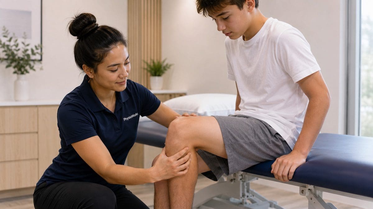 Physiotherapist assessing Osgood-Schlatter Disease pain below the kneecap in a teenage athlete
