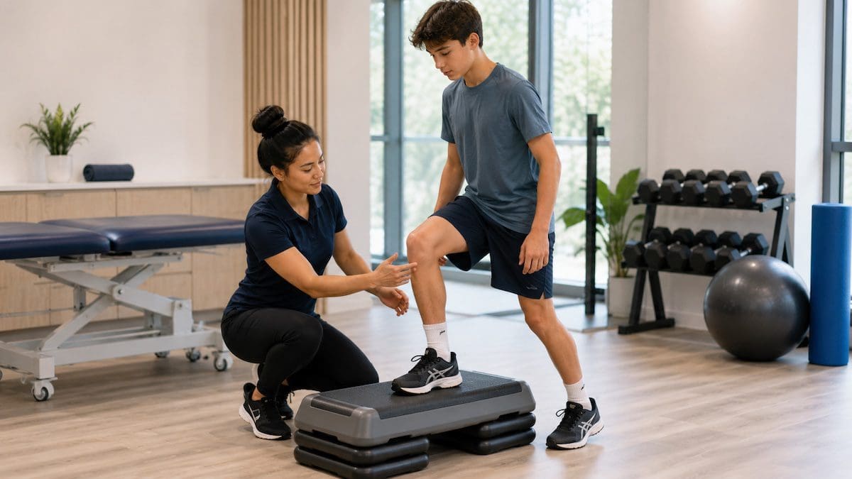 Step-down rehabilitation exercise for Osgood-Schlatter Disease knee pain