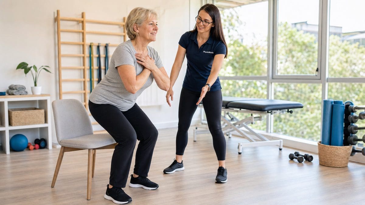 osteoporosis-exercise-physiology-sit-to-stand-strength Osteoporosis exercise physiology sit-to-stand strength training with supervised posture and balance guidance
