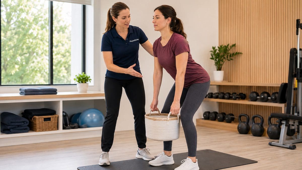 pelvic-floor-exercises-standing-pressure-control Pelvic floor exercises progressing into standing control with physiotherapist guidance