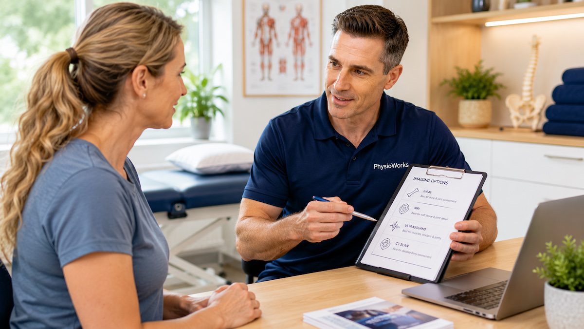 Physiotherapist explaining a scan request and imaging pathway to an adult patient