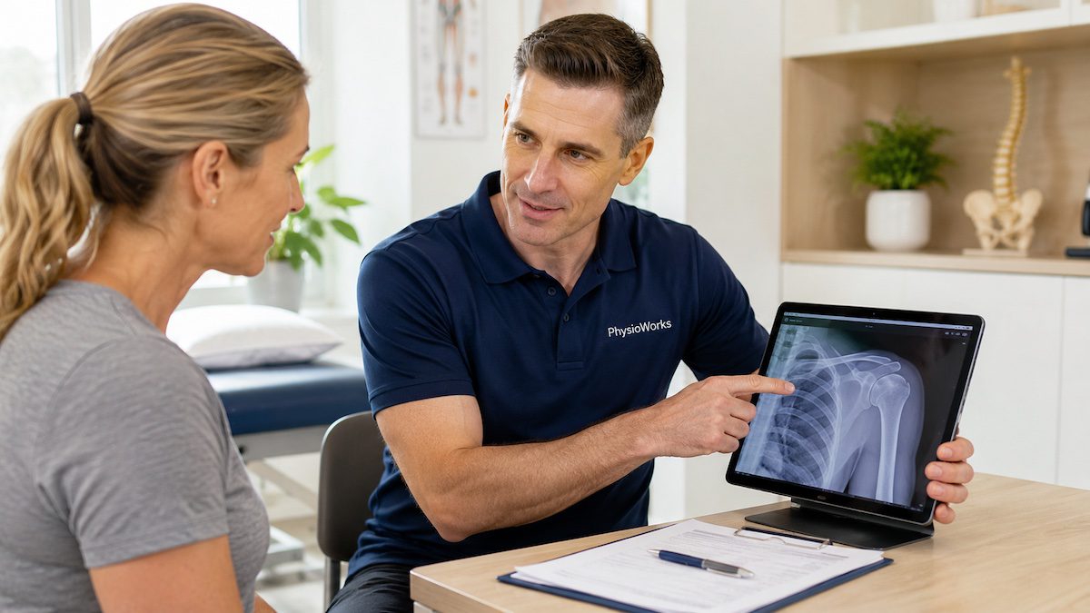 Physiotherapist discussing an X-ray referral and scan results with a patient