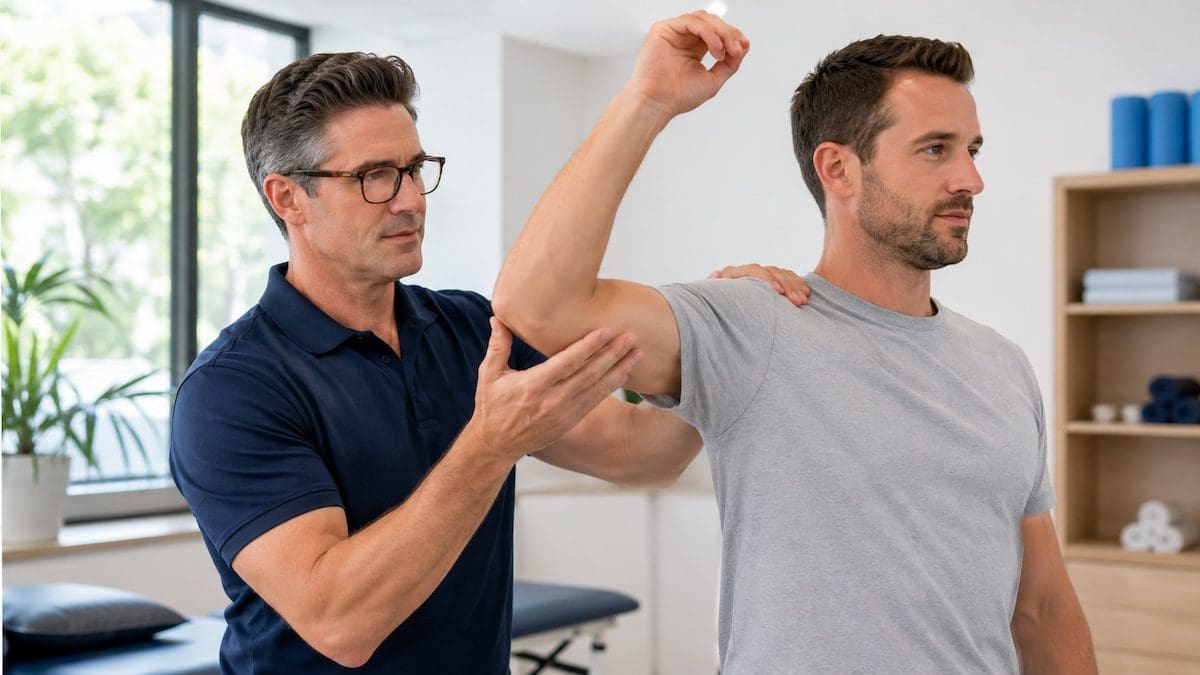 Physiotherapists Brisbane shoulder movement assessment during clinic consultation