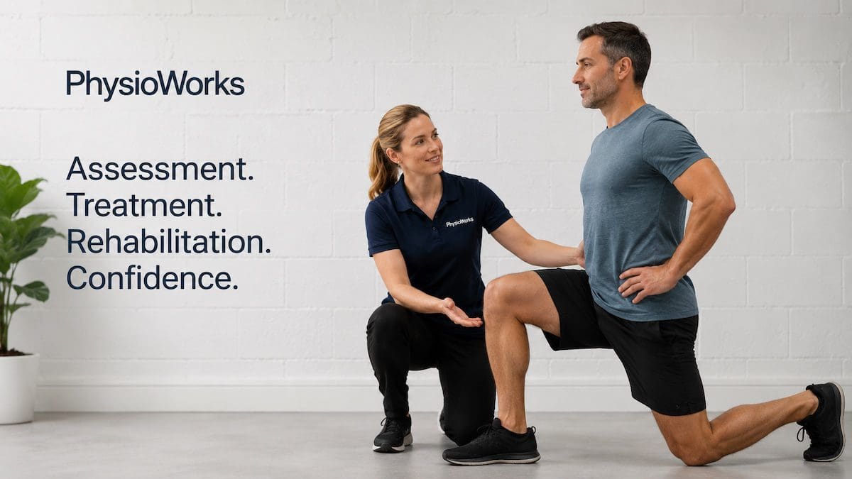 Clayfield physiotherapist guiding controlled lunge rehabilitation and movement assessment