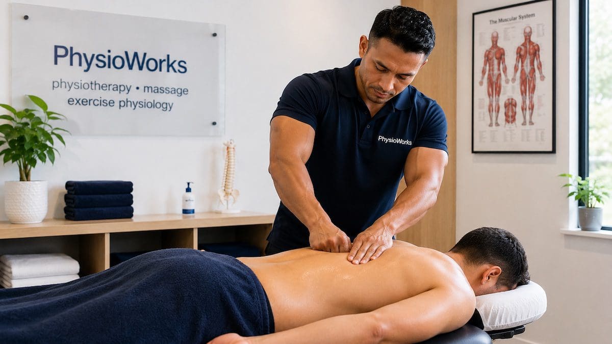 Trigger point therapy massage treatment to upper back muscles during remedial massage