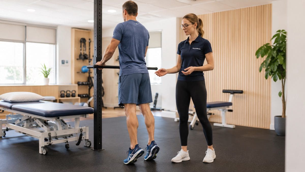 retrocalcaneal-bursitis-calf-loading-rehab Physiotherapist supervising calf raise rehabilitation for retrocalcaneal bursitis heel pain