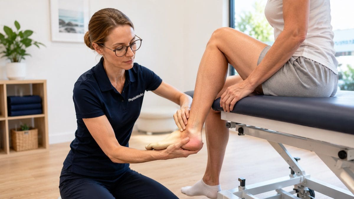retrocalcaneal-bursitis-physiotherapy-assessment Physiotherapist assessing posterior heel pain and Achilles insertion irritation for retrocalcaneal bursitis