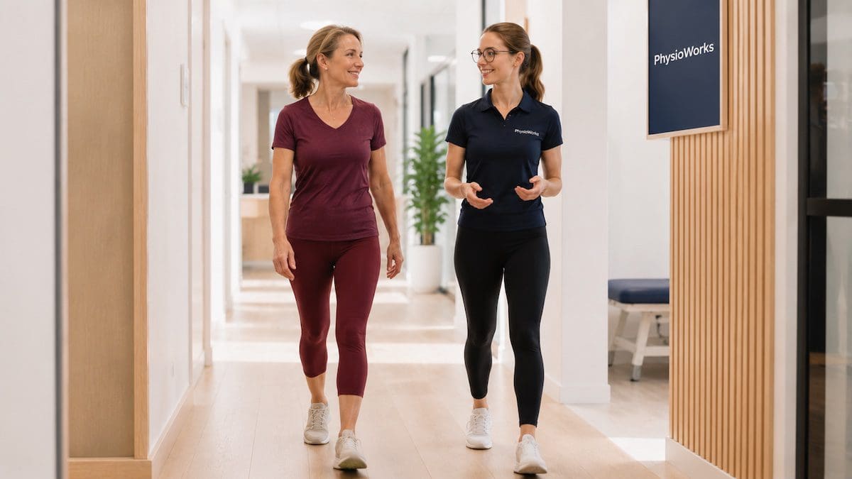retrocalcaneal-bursitis-return-to-walking Physiotherapist guiding return to walking after retrocalcaneal bursitis rehabilitation