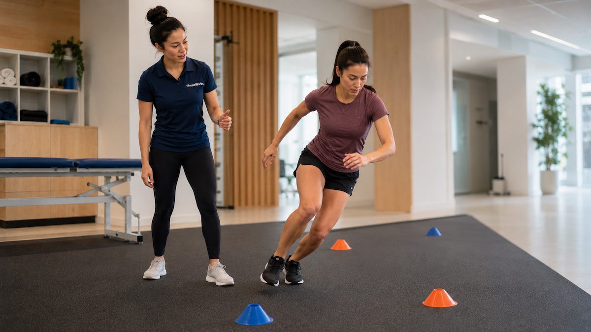 Return to sport testing knee change of direction drill with physiotherapist