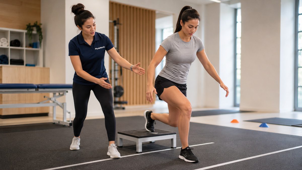 Physiotherapist assessing knee and ankle control during an athlete landing task