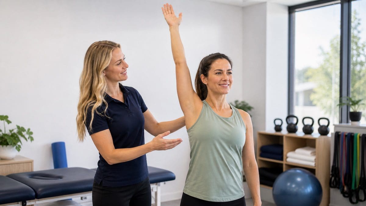 patient lifting arm overhead pain free after shoulder bursitis physiotherapy