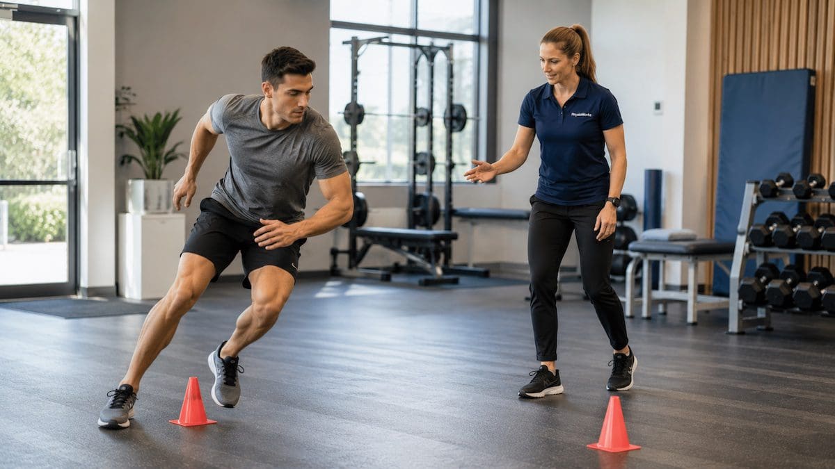 sports-physiotherapy-brisbane-change-direction-return-sport Sports physiotherapy Brisbane change-of-direction drill for return to sport testing