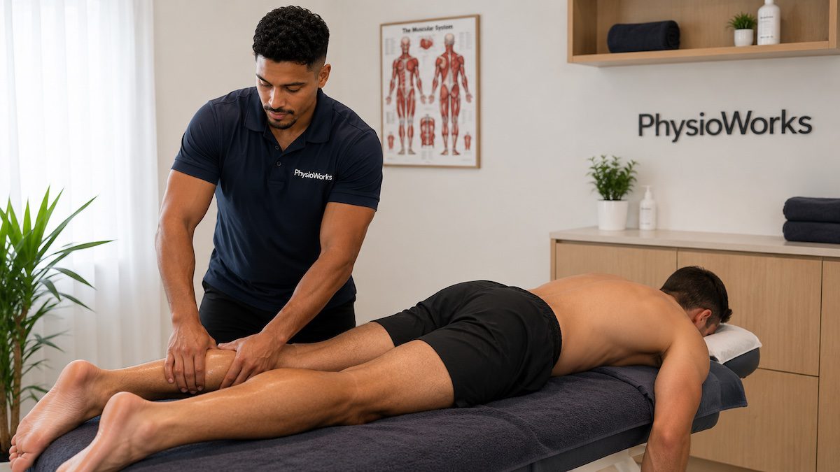Sports recovery massage treating calf tightness after training in Brisbane clinic