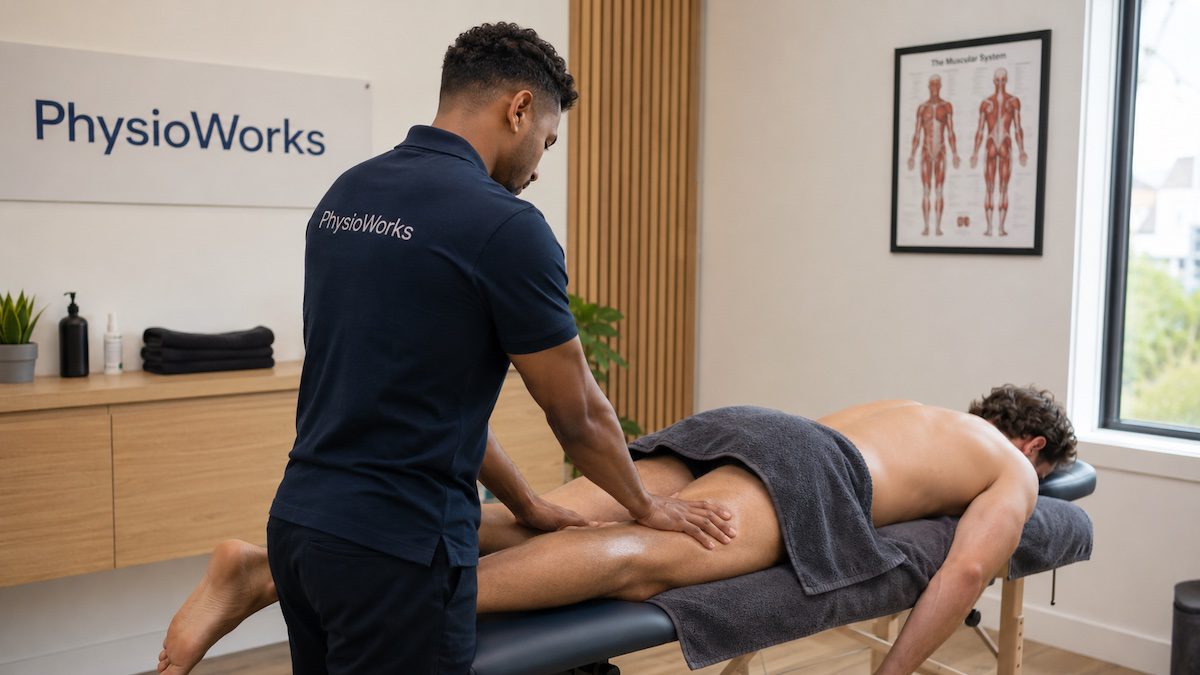 Sports recovery massage treating hamstring tightness after exercise recovery session